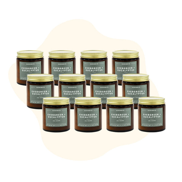 12 Pack of Mini Amber Jar Soy Candles - Evergreen + Eucalyptus - Calyan Wax Co.