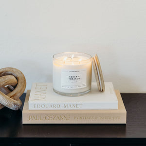 Cedar + Tobacco 3 - Wick Clear Glass Tumbler Soy Candle - Calyan Wax Co.