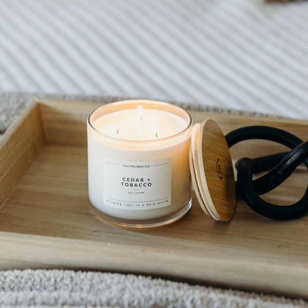 Cedar + Tobacco 3 - Wick Clear Glass Tumbler Soy Candle - Calyan Wax Co.