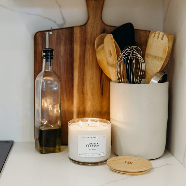 Cedar + Tobacco 3 - Wick Clear Glass Tumbler Soy Candle - Calyan Wax Co.