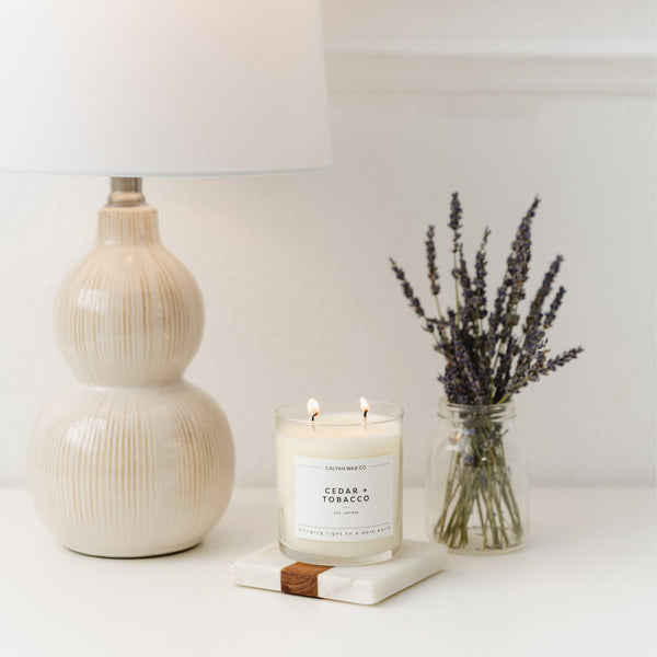 Cedar + Tobacco Glass Tumbler Soy Candle - Calyan Wax Co.