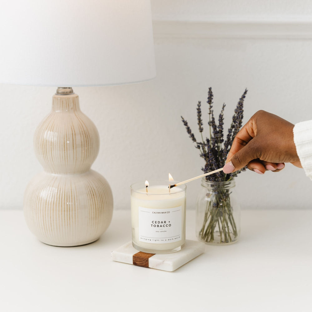 Cedar + Tobacco Glass Tumbler Soy Candle - Calyan Wax Co.