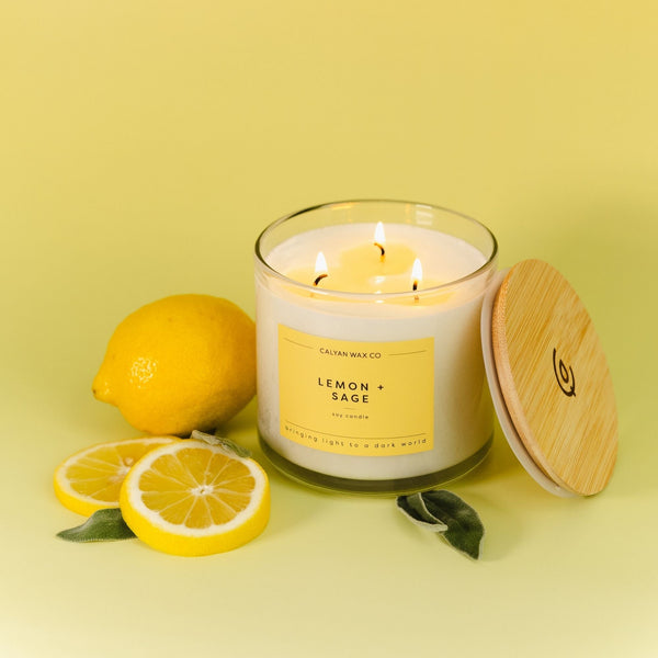 Lemon + Sage 3 - Wick Clear Glass Tumbler Soy Candle - Calyan Wax Co.