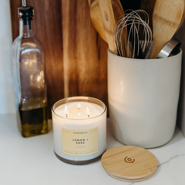 Lemon + Sage 3 - Wick Clear Glass Tumbler Soy Candle - Calyan Wax Co.