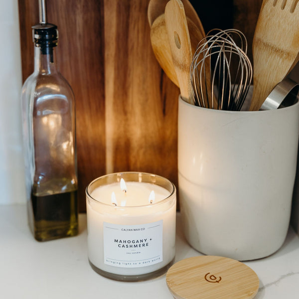 Mahogany + Cashmere 3 - Wick Clear Glass Tumbler Soy Candle - Calyan Wax Co.