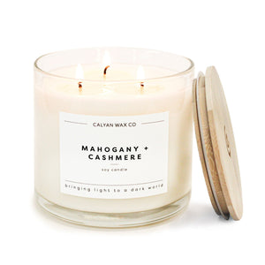 Mahogany + Cashmere 3 - Wick Clear Glass Tumbler Soy Candle - Calyan Wax Co.