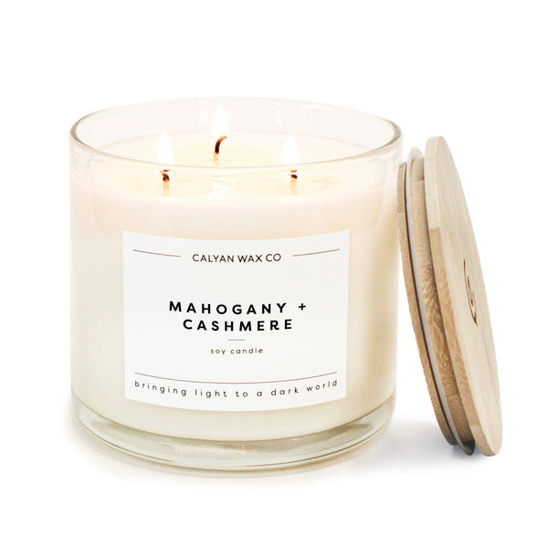 Mahogany + Cashmere 3 - Wick Clear Glass Tumbler Soy Candle - Calyan Wax Co.