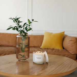 Mahogany + Cashmere 3 - Wick Clear Glass Tumbler Soy Candle - Calyan Wax Co.