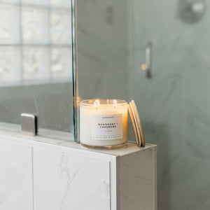 Mahogany + Cashmere 3 - Wick Clear Glass Tumbler Soy Candle - Calyan Wax Co.