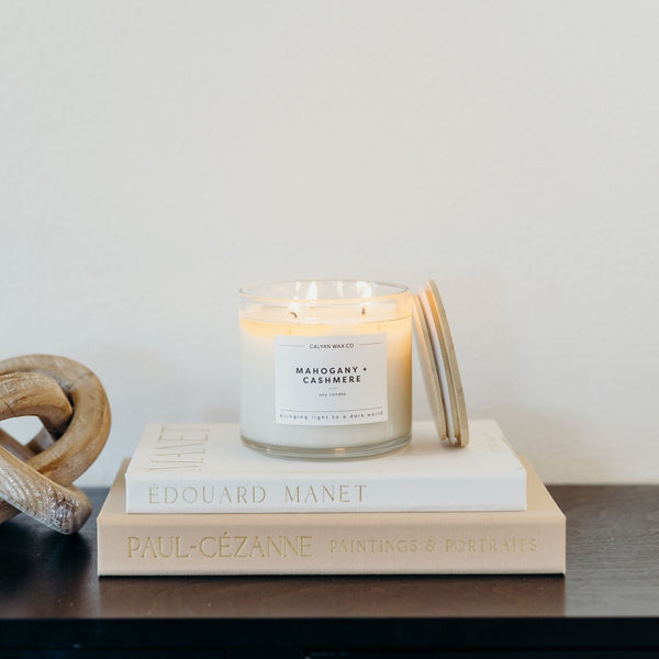 Mahogany + Cashmere 3 - Wick Clear Glass Tumbler Soy Candle - Calyan Wax Co.