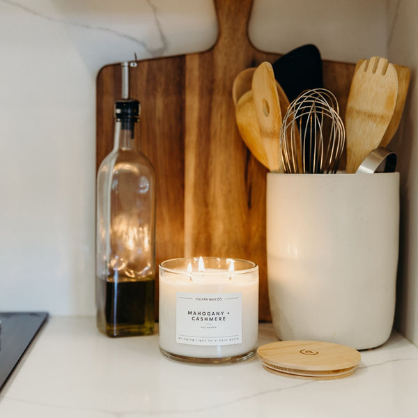 Mahogany + Cashmere 3 - Wick Clear Glass Tumbler Soy Candle - Calyan Wax Co.