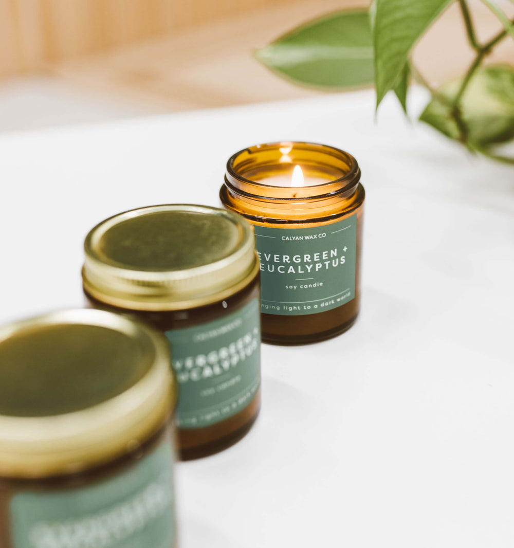 12 Pack of Mini Amber Jar Soy Candles - Evergreen + Eucalyptus - Calyan Wax Co.