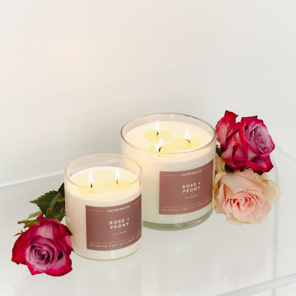 Rose + Peony 3 - Wick Clear Glass Tumbler Soy Candle - Calyan Wax Co.