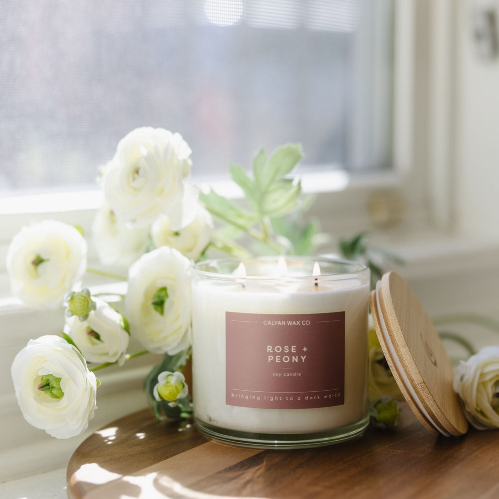 Rose + Peony 3 - Wick Clear Glass Tumbler Soy Candle - Calyan Wax Co.