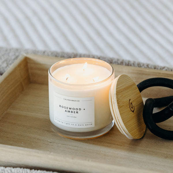 Rosewood + Amber 3 - Wick Clear Glass Tumbler Soy Candle - Calyan Wax Co.