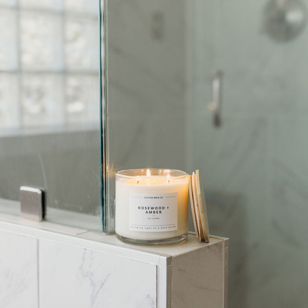Rosewood + Amber 3 - Wick Clear Glass Tumbler Soy Candle - Calyan Wax Co.