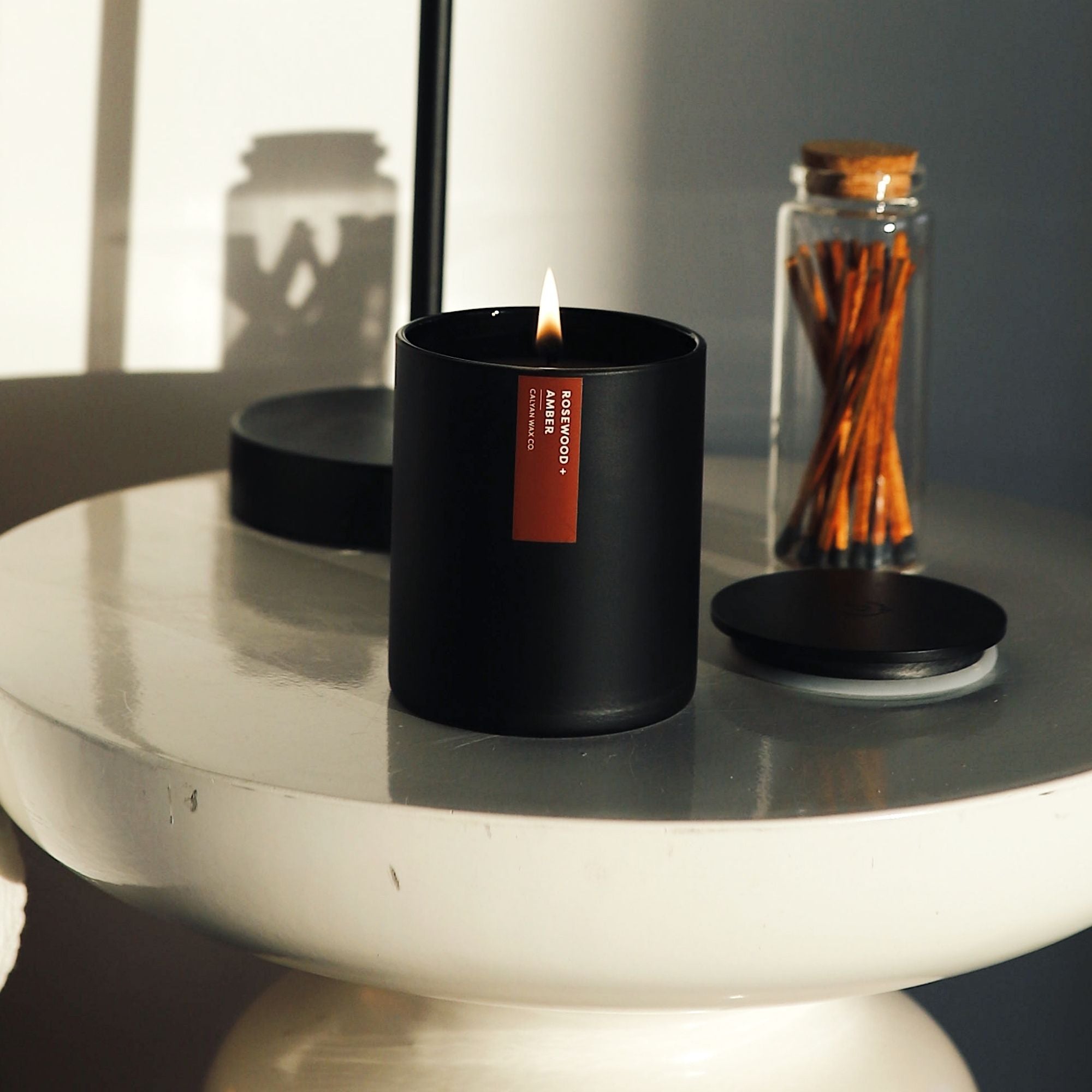 Rosewood + Amber Matte Black Tumbler Soy Candle