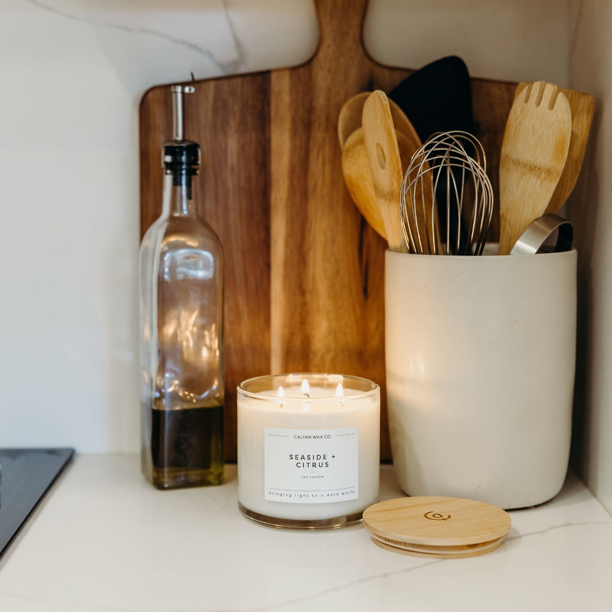 15 oz. Seaside + Citrus Soy Candle in a Clear Glass | Three Wicks