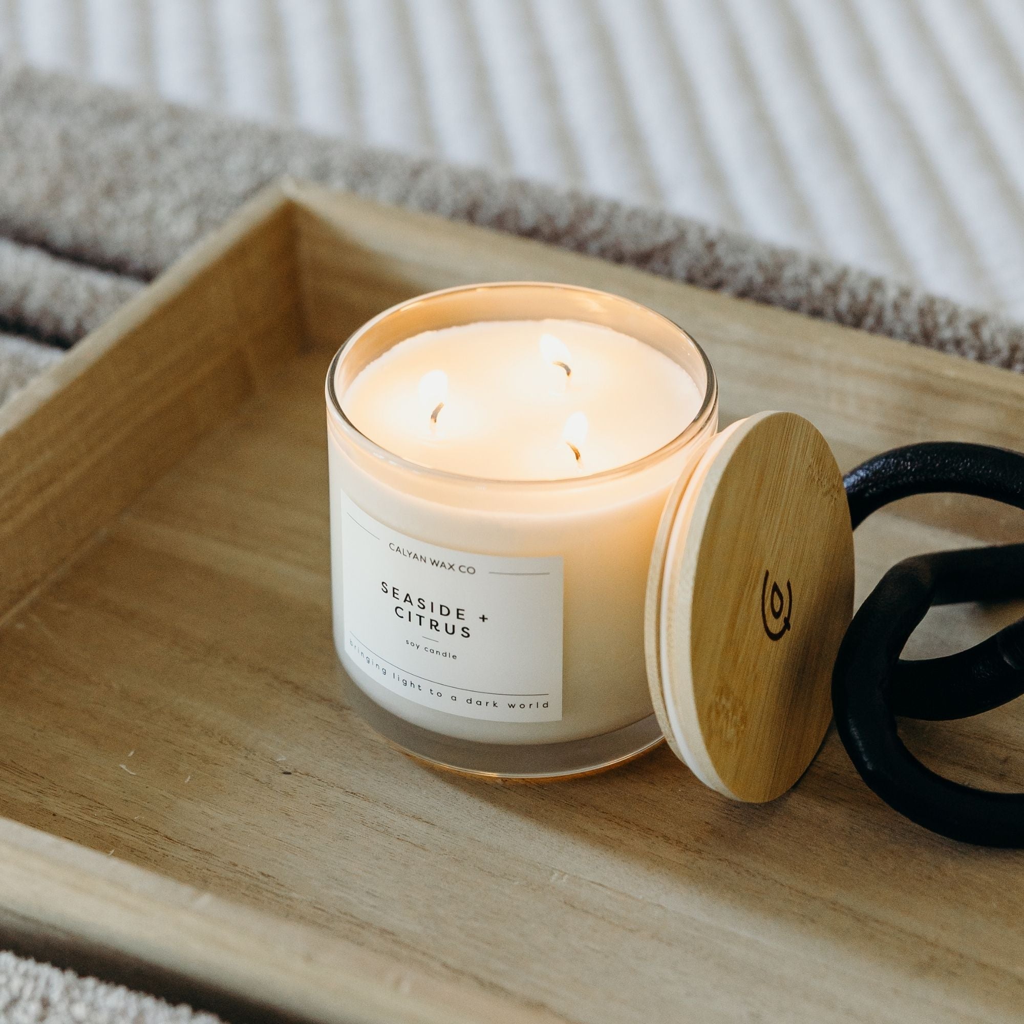 15 oz. Seaside + Citrus Soy Candle in a Clear Glass | Three Wicks
