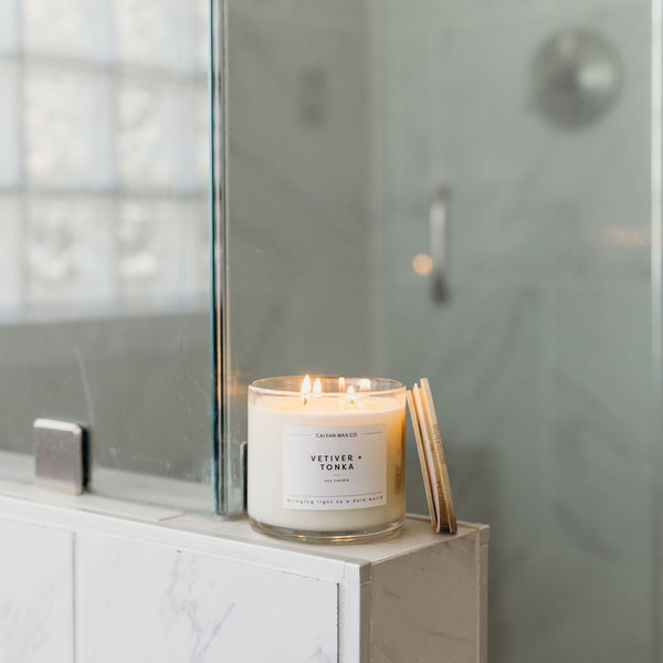 Vetiver + Tonka 3 - Wick Clear Glass Tumbler Soy Candle - Calyan Wax Co.