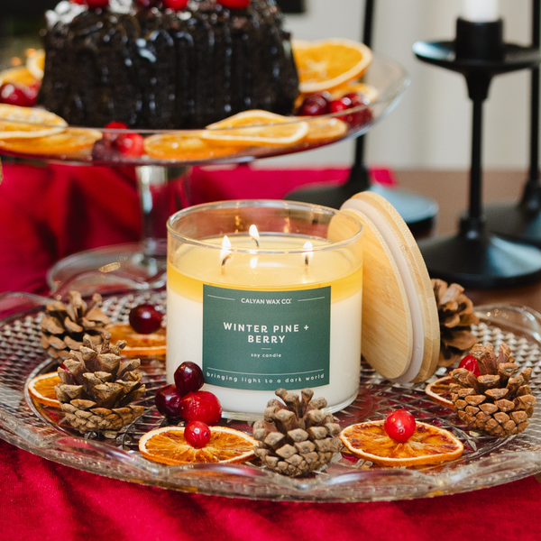 Winter Pine + Berry 3-Wick Clear Glass Tumbler Soy Candle - Calyan Wax Co.