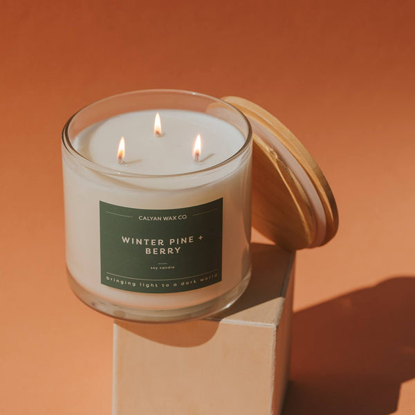 Winter Pine + Berry 3-Wick Clear Glass Tumbler Soy Candle - Calyan Wax Co.