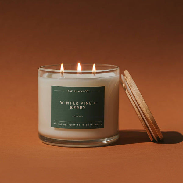 Winter Pine + Berry 3-Wick Clear Glass Tumbler Soy Candle - Calyan Wax Co.