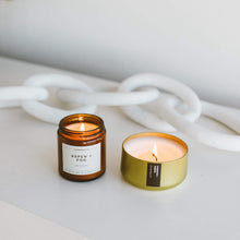 Load image into Gallery viewer, Oakmoss + Amber Gold Metal Tin Soy Candle
