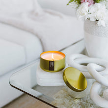 Load image into Gallery viewer, Oakmoss + Amber Gold Metal Tin Soy Candle